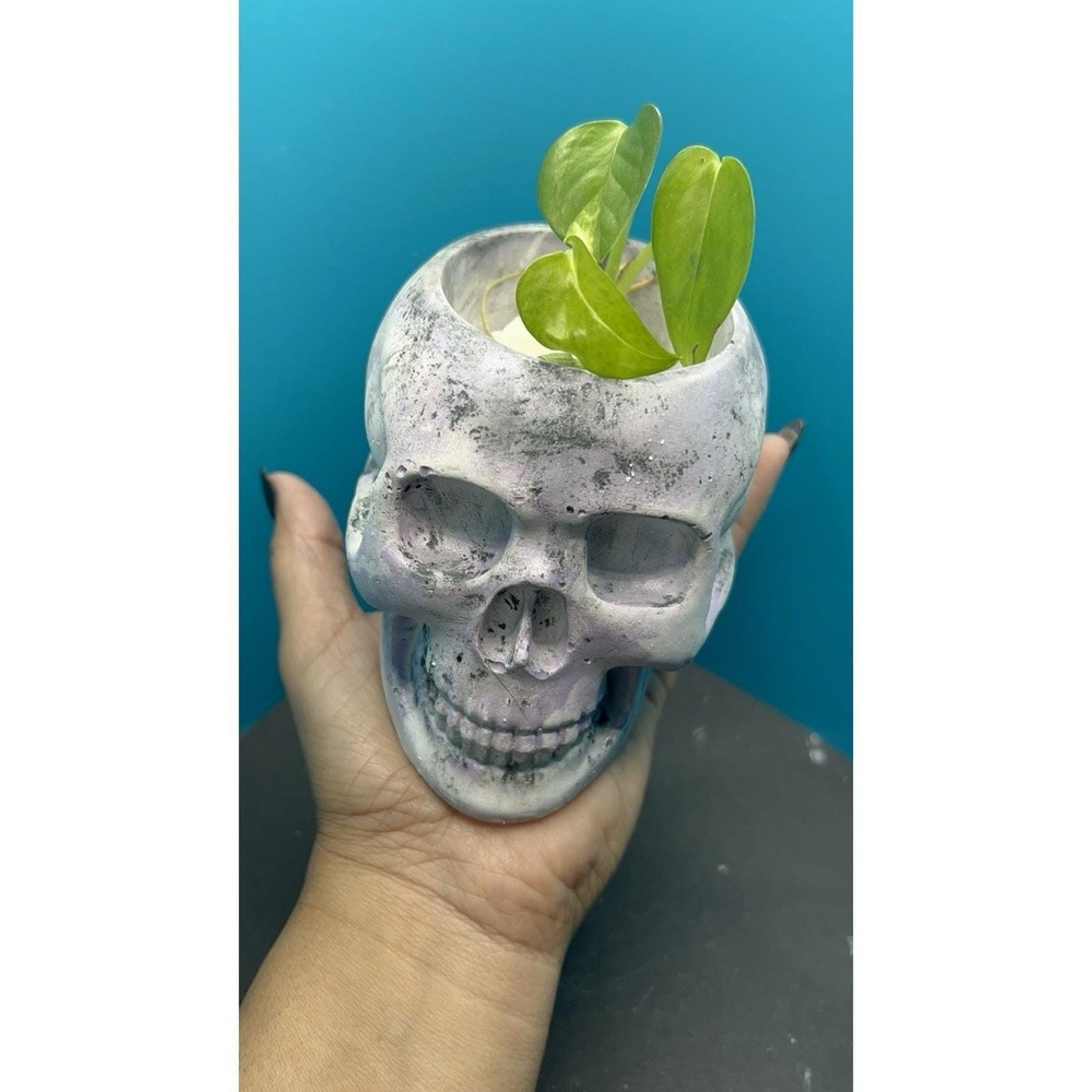 Skull Concrete Planter Lilac – Handmade Cement Succulent Plant Pot, Handmade - Picture 3 of 9
